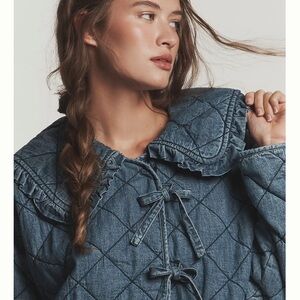 Maeve Quilted Denim Jacket with Ruffle Accents